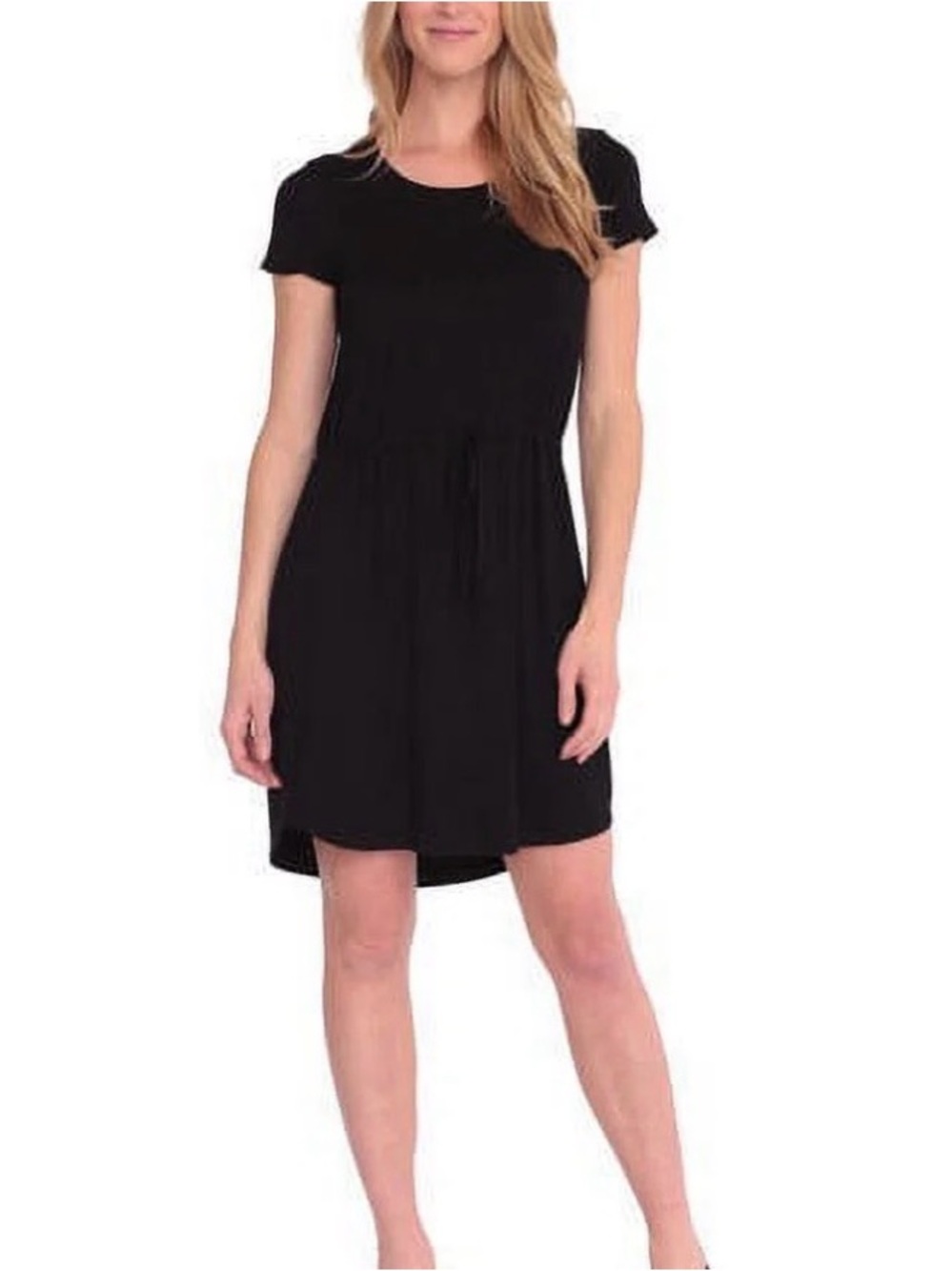 Olive & Oak Black Short Sleeve Drawstring Waist Mini Dress